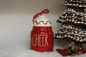 Rae Dunn Red Christmas Baby Canister CHEER with Ornament Topper - Picture 1 of 5