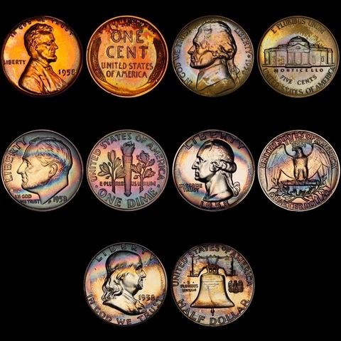 1958 Complete 5 Coin Proof Set, PCGS Trueview- Stunning Rainbow Toned Cover