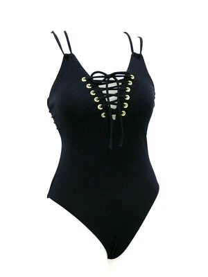 Hula Honey Junior Medium Solid Black Lace Tie Ribbed 1-Piece Swimsuit NWT M - Image 1 of 4