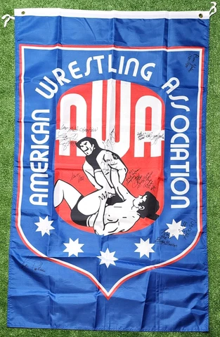 AWA All Star Wrestling Tapestry Flag 3x5 SIGNED - Scott Hall Greg Gagne Zbyszko Cover