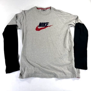 VTG Nike Long Sleeve Grey Center Spellout Middle Check XL 90s Y2K Carpet Logo - Picture 1 of 7
