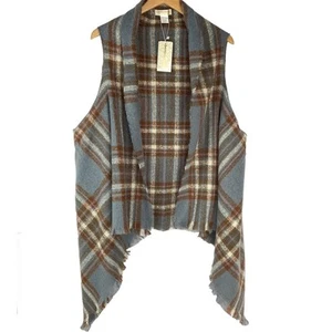 Seven Islands Sweater Vest Scarf Wrap Women Plus OS Blue Brown Plaid NWT - Picture 1 of 7