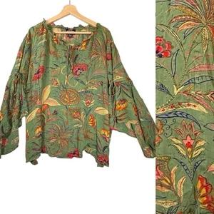 Angie Boho Floral Peasant Top Womens SIZE 3X Shirt Flowing Bell Sleeves Green - Picture 1 of 13