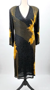 Megere Vintage 100 % reine Seide Hand Perlen Pailletten Abendkleid schwarz gold Seitenreißverschluss L - Bild 1 von 18