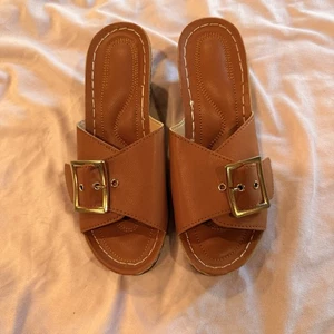 New Brown Wedge Mule Sandals US 9-9.5 EU 40 Slip-On - Picture 1 of 5