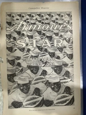 Anuncio original Armour’s STAR Ham de la década de 1910 - histórico negro americano - cosmopolita Foto 1 de 2