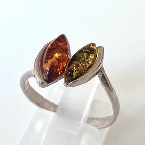 Vintage 925 Sterling Silver Two-Tone Baltic Amber Ring Signed - Size S - Picture 1 of 6