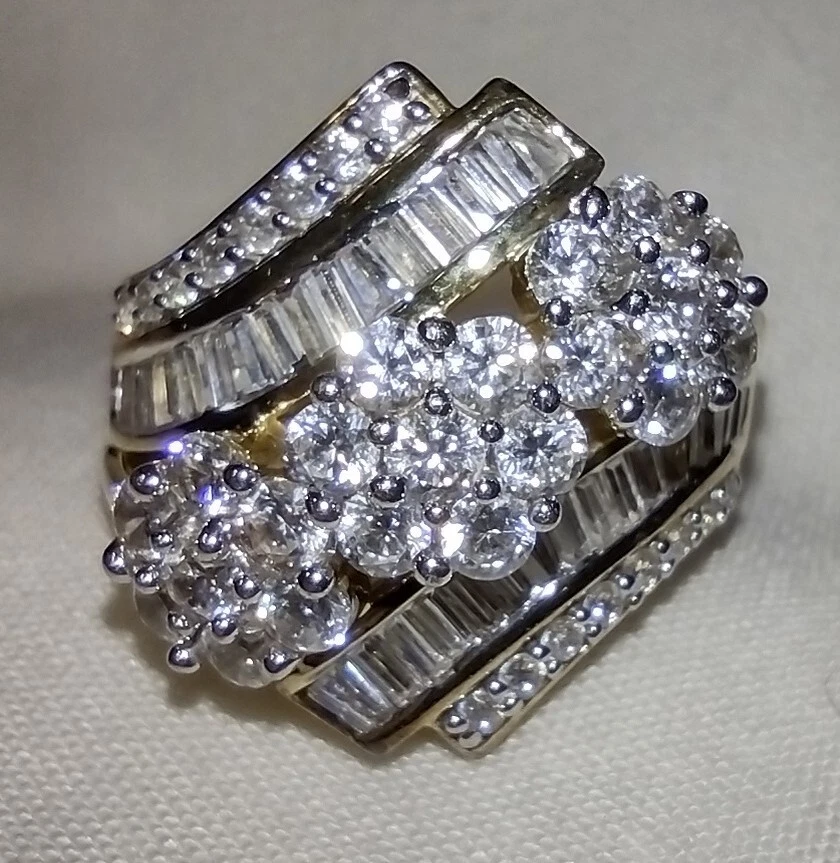 Round & Baguette CZ RING Sz 10 SJD YELLOW GOLD Wedding Engagement Cocktail Ring - Image 1 of 4