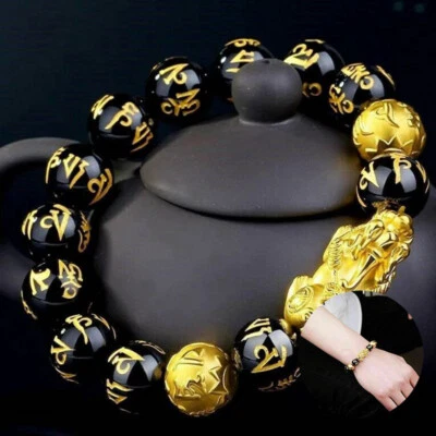 Brazalete Feng Shui Atraer Riqueza y Buena Suerte Pulsera Cuentas Obsidiana Negra Foto 1 de 4