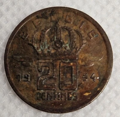 1954 Belgium Twenty Centimes Coin Patina FREE S&H! - Image 1 of 2