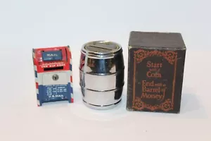 2 VINTAGE COIN BANKS Barrel ALLIANCE OHIO BUILDING & tin litho MAILBOX No Keys - Picture 1 of 9
