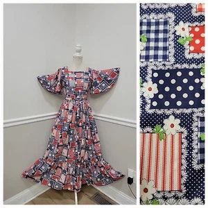 Vintage'60s Hippie Cotton Dress Patchwork Floral Pattern / Short Angel Sleeves  - Picture 1 of 13