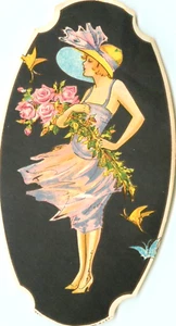 Beautiful ART DECO Woman with Flowers - Original HAT BOX / Luggage Label, c 1930 - Picture 1 of 2