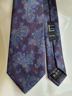 DUNHILL Designer 100% Silk Tie Paisley Jacquard Brown Blue Logo made Italy Vtg - Image 1 of 4