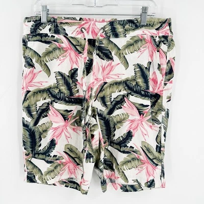 Per Se Green Pink Floral Linen Blend Elastic Drawstring Waist Shorts Size PL - Image 1 of 4