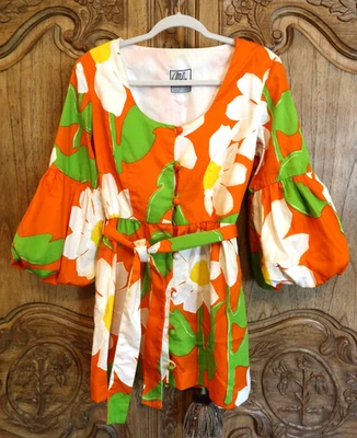 Vintage Hawiian Honolulu Orange Daisy Balloon Puff Sleeves Mini Dress Blouse Med - Image 1 of 4