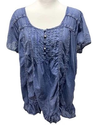 Dressbarn Top Womens 2X Blue Chambray Ruffles Cotton Country Coastal Cowgirl - Image 1 of 4