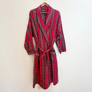 Vintage Pierre Cardin Bathrobe One Size Red Plaid Flannel Cotton Belt Pockets - Picture 1 of 11