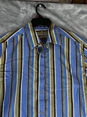 Camisa Robert Graham Para Hombre Grande Azul Colorido Rayas Cachemira Puños Abatibles Logo Foto 1 de 4