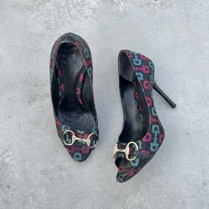 Gucci | Authentic Vintage Rhinestone Horse Bit GG Monogram Peep Toe Pumps(38.5) - Picture 1 of 12