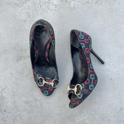 Gucci | Authentic Vintage Rhinestone Horse Bit GG Monogram  Peep Toe Pumps(38.5) - Image 1 of 4