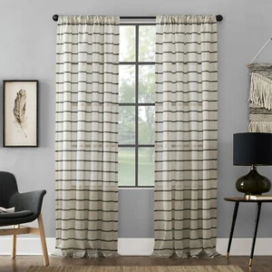 CLEAN WINDOW TWILL STRIPE ANTI-DUST LINEN SHEER SINGLE CURTAIN PANEL, 52"WX84"L - Picture 1 of 7