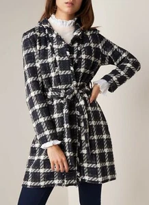 TED BAKER Karynet boucle check print fringe high neck belt wrap dress coat 3 12 - Picture 1 of 12