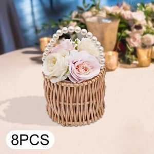 8* Wicker Wedding Flower Girl Baskets Rattan Flower Barrel Basket w/Pearl Handle - Picture 1 of 18