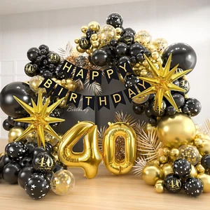 40Th Birthday Balloon Garland Arch Kit, 152Pcs Black Gold Balloons with Happy Bi - Picture 1 of 12