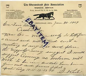 1908 letterhead SHENANDOAH FAIR ASSOCIATION IOWA Isaac White ALDRICH WINGERT - Picture 1 of 1