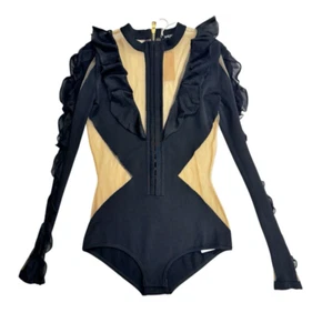 Balmain Black Ruffle Cut Out Mesh Women’s Long Sleeve Bodysuit Size UK8 - Picture 1 of 8