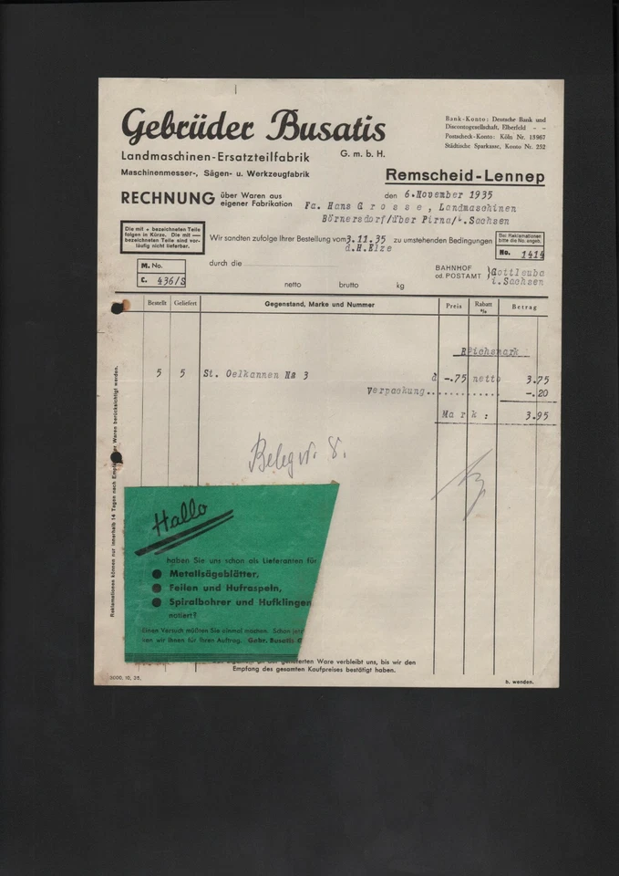 REMSCHEID-LENNEP, Rechnung 1935, Gebrüder Busatis GmbH Landmaschinen-Ersatzteil- - Bild 1 von 1