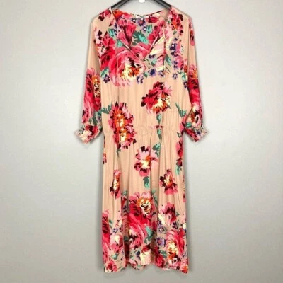 Vestido midi floral de seda Tibi para mujer talla 10 mangas ajustadas boho calce relajado Foto 1 de 4