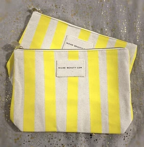2x~NICHE Beauty Yellow Striped Canvas Makeup Bags / Clutch w/ Zipper & Logo~New~ - Picture 1 of 1