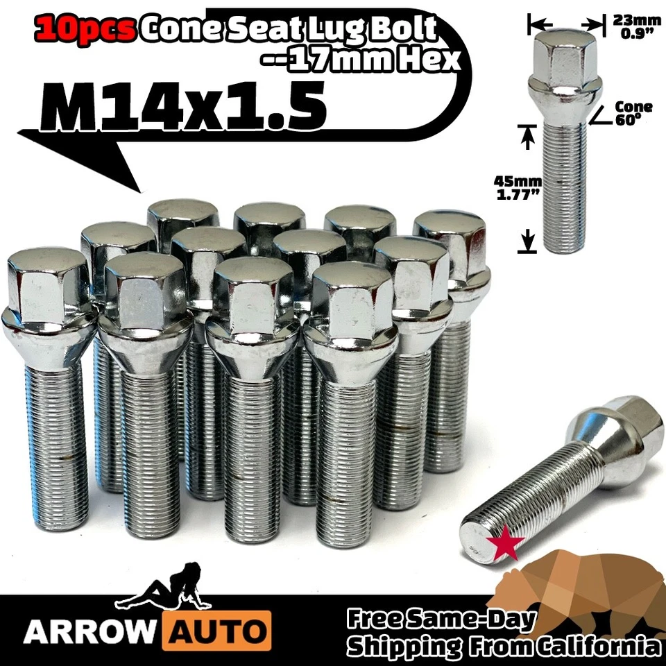 10x Chrome 14x1.5 Lug Bolt 45mm Fit C300/GLA250&MB AfterMarketRim 15-20mm Spacer - Image 1 of 4