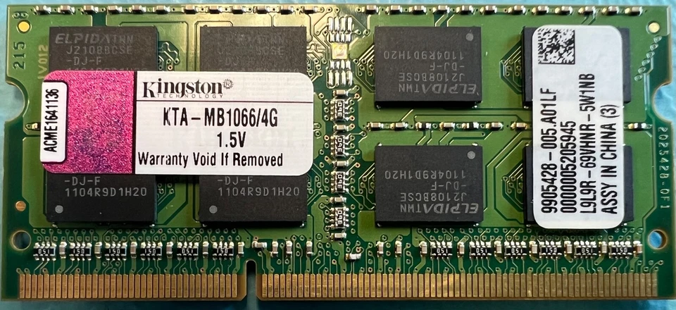 Kingston KTA-MB1066/4G 4GB DDR3-1066 PC3-8500 SODIMM Laptop Memory RAM - Image 1 of 1