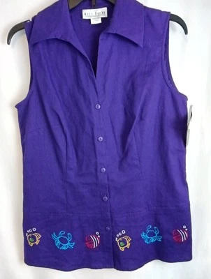 Miss Dorby Purple Sleeveless Button Down Shirt Fish & Crab Beach Theme Sz 8 NWT - Image 1 of 4