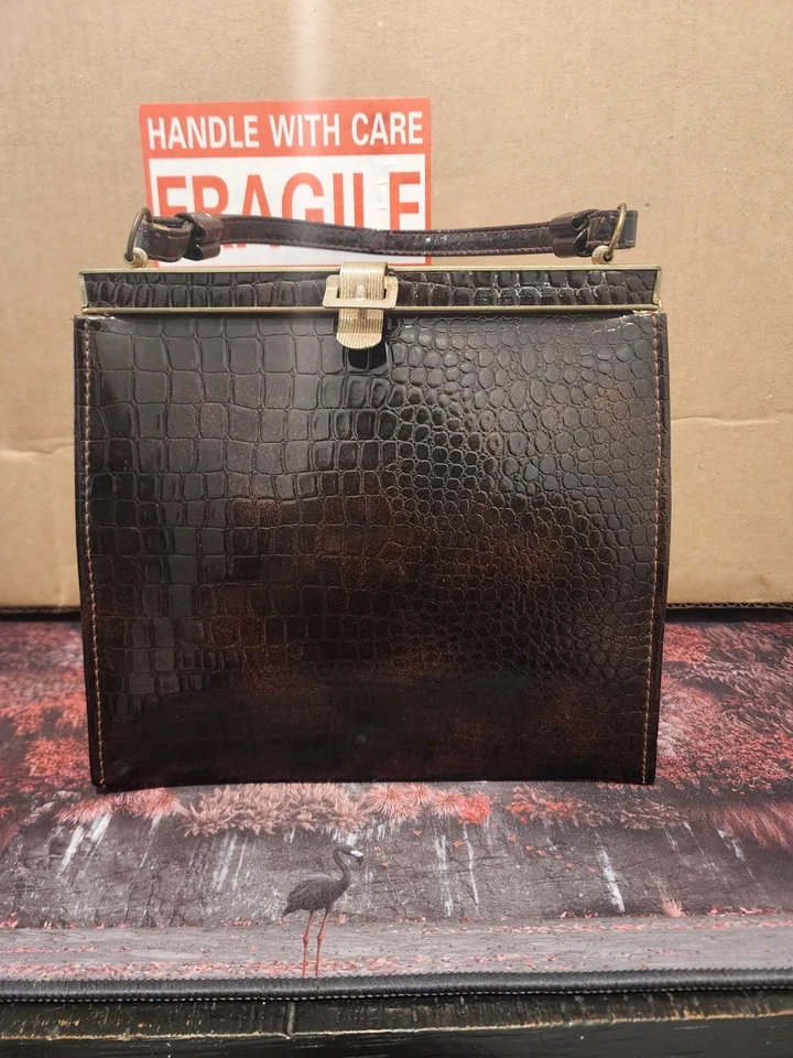 Bolso vintage con asa superior con patrón de cocodrilo marrón Jaclyn hecho en EE. UU. Foto 1 de 4