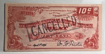 1898 10c BISHOPS GENERAL STORE HOUSE SALT LAKE CITY OBSOLETE SCRIP-MEAT C.U. - Image 1 of 2