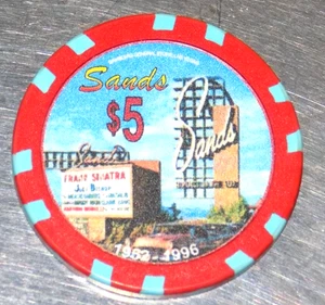 Sands Hotel Casino Las Vegas Sinatra Rat Pack $5 Chip Poker 1952-1996 Nevada - Picture 1 of 3