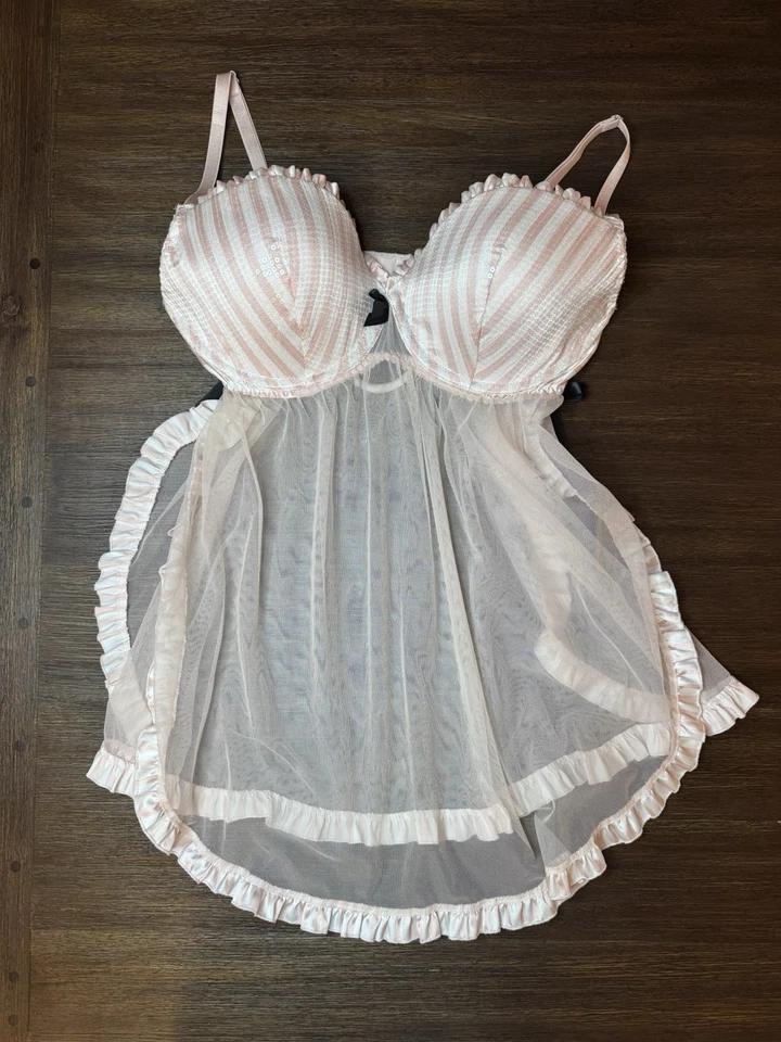 Camisón Babydoll Victoria Secret Lentejuelas Rayas Rosa Blanco Talla 36D Foto 1 de 4