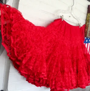 Vntg  Slip Can Can Skirt Petticoat RED LACE satin edge binding waist up to 38" - Picture 1 of 10