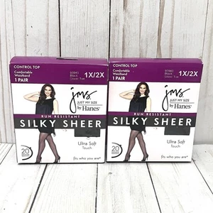 Just My Size Hanes Silky Sheer Run Resistant Control Top Pantyhose 1X/2X (2) Blk - Picture 1 of 8