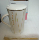 Nordic Style Multi-Pattern Ceramic Mug with Lid and Spoon, Ivory & Gold NEW