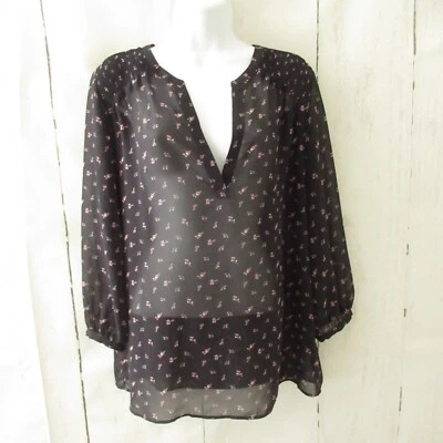 Top Ann Taylor M Mediano Negro Floral Transparente Manga 3/4 Popover Boho Campesino Foto 1 de 4