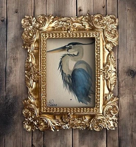Great Blue Heron bird mini watercolor print in gold vintage style ornate frame - Picture 1 of 10