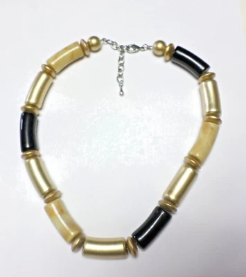 Vintage Large Acrylic Black Gold &Ivory Long Slightly Curved Beads Necklace 19" - Image 1 of 4