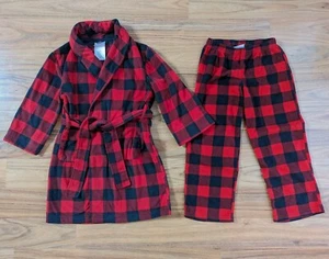 Kid's Wonder Nation Boys Plaid Robe Red 4 4T Fleece Pajama Pants Set - Picture 1 of 5