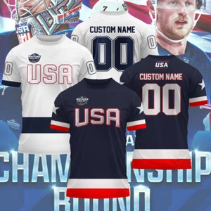 NEW! Custom 4 Nation Face-O 2025 USA Hockey Team Name & Number 3D T-Shirt - Picture 1 of 6