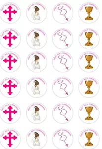 24 x PRECUT GIRLS/PINK FIRST HOLY COMMUNION RICE/WAFER PAPER CUP CAKE TOPPERS - Picture 1 of 1